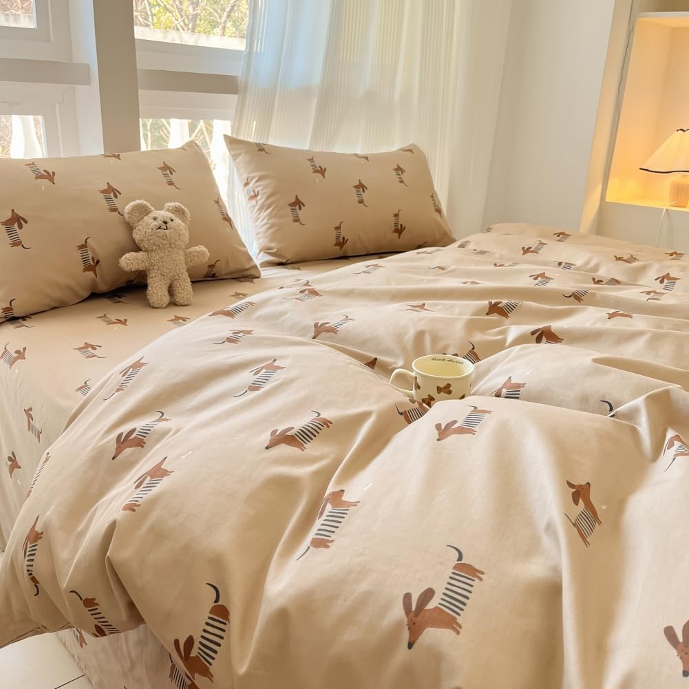 LIWHENHAO Dachshund Duvet Cover Set Twin 100% Cotton Bedding Cartoon Red Cute Dog Puppy on Brown 1 Kawaii Animal Pet Comforter Cover Zipper Closure 2 Pillowcases for Kids Girls Boys