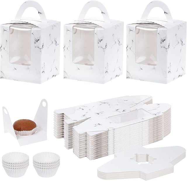 TsunNee 50PCS Cake Boxes, Individual Cupcake Boxes with Handles, Paper Bakery Boxes with Window, Single Cupcake Carrier, Treat Boxes with Cupcake Liners for Christmas Baby Shower Wedding Party Favors