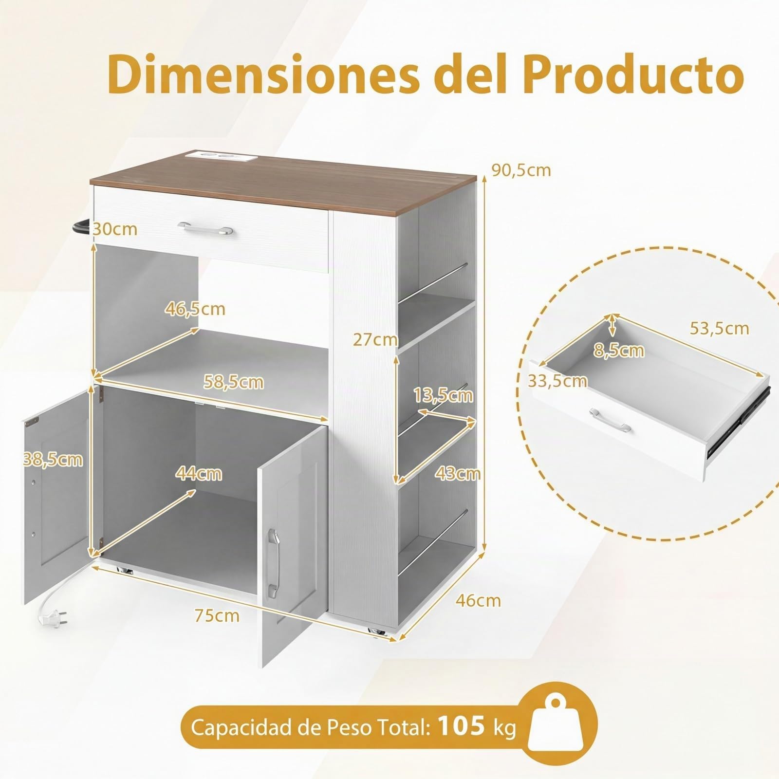 COSTWAY Carrito de Cocina con Ruedas y Estación de Carga, Armario de Sevicio Rodante con 3 Estantes Abiertos y un Cajón, Armario Grande de 2 Puertas (75 x 46 x 90,5 cm con Eschufe, Blanco)