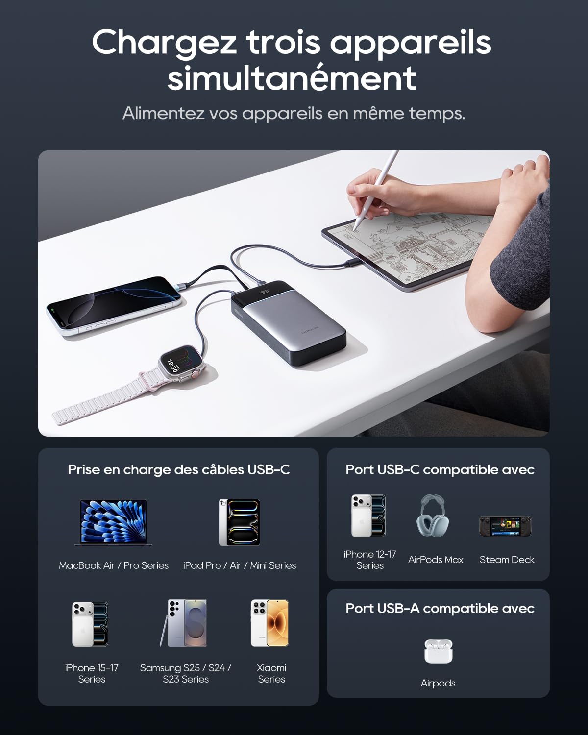 CUKTECH 25000mAh 100W Batterie Externe LED avec Câble USB-C Tressé Intégré