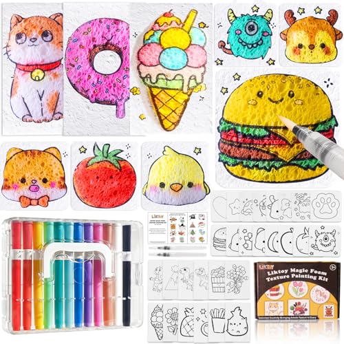 Liktoy 72Pcs Magic Foam Texture Painting Kit 44Pcs Foam Texture Paper 24 Colorful Brush 2 Water Brushes 3D Effect Texture Painting Set Ideal for Halloween Christmas Birthday Gifts