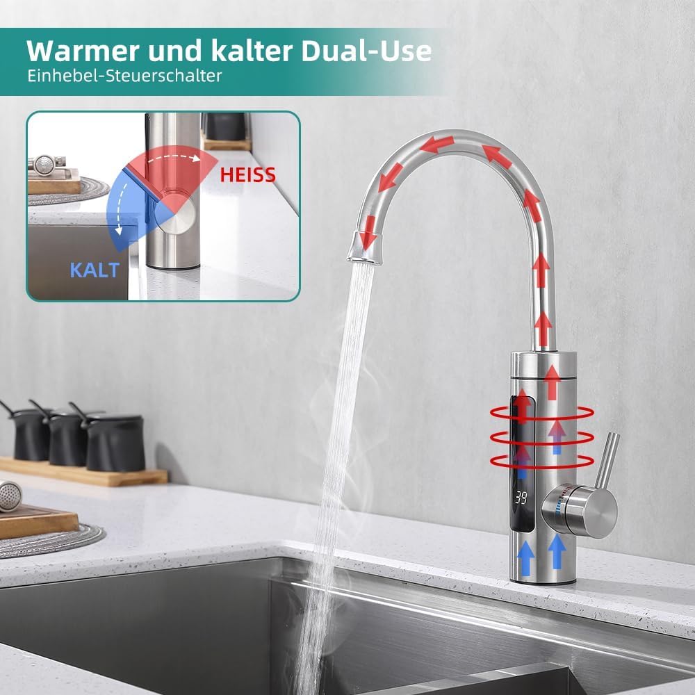 HOMELODY Elektrischer Wasserhahn mit Durchlauferhitzer 230V, Durchlauferhitzer Küche LED Elektrischer Küchenarmatur Edelstahl, 360° Swivel Warmwasserboiler Küchenarmatur Camping Wasserhahn