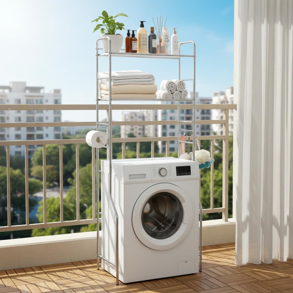 Over Toilet Bathroom Organizer - Over Washer and Dryer Storage Rack- Shelves Over Toilet with Hooks and Paper Holder - Stainless Steel Washing Machine Shelf Top Load for Laundry Room Space Saving