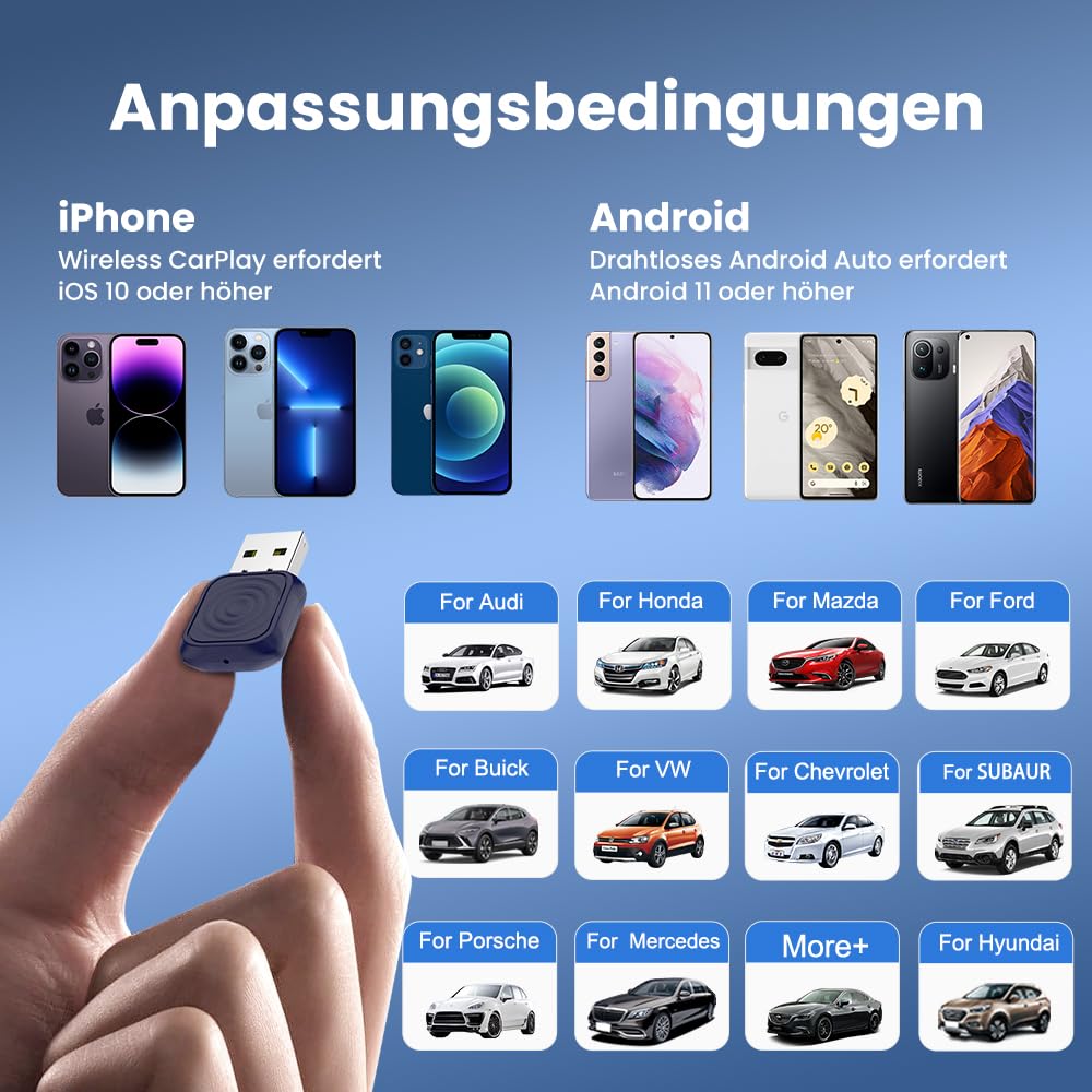 CarlinKit 2026 kabelloser CarPlay & Android Auto Adapter, Upgrade von kabelgebundener auf kabellose Verbindung, Plug & Play mit USB-A/Typ-C, Funktioniert mit iPhone iOS 10+ & Android 11.0+