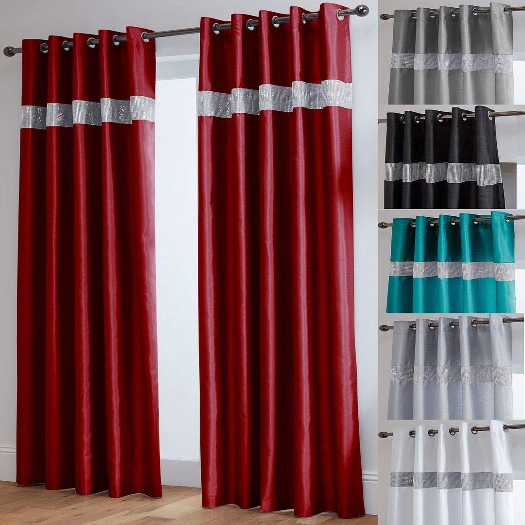 John Aird Red Diamante Fully Lined Faux Silk Eyelet Curtains (, 66" Wide X 72" Drop)