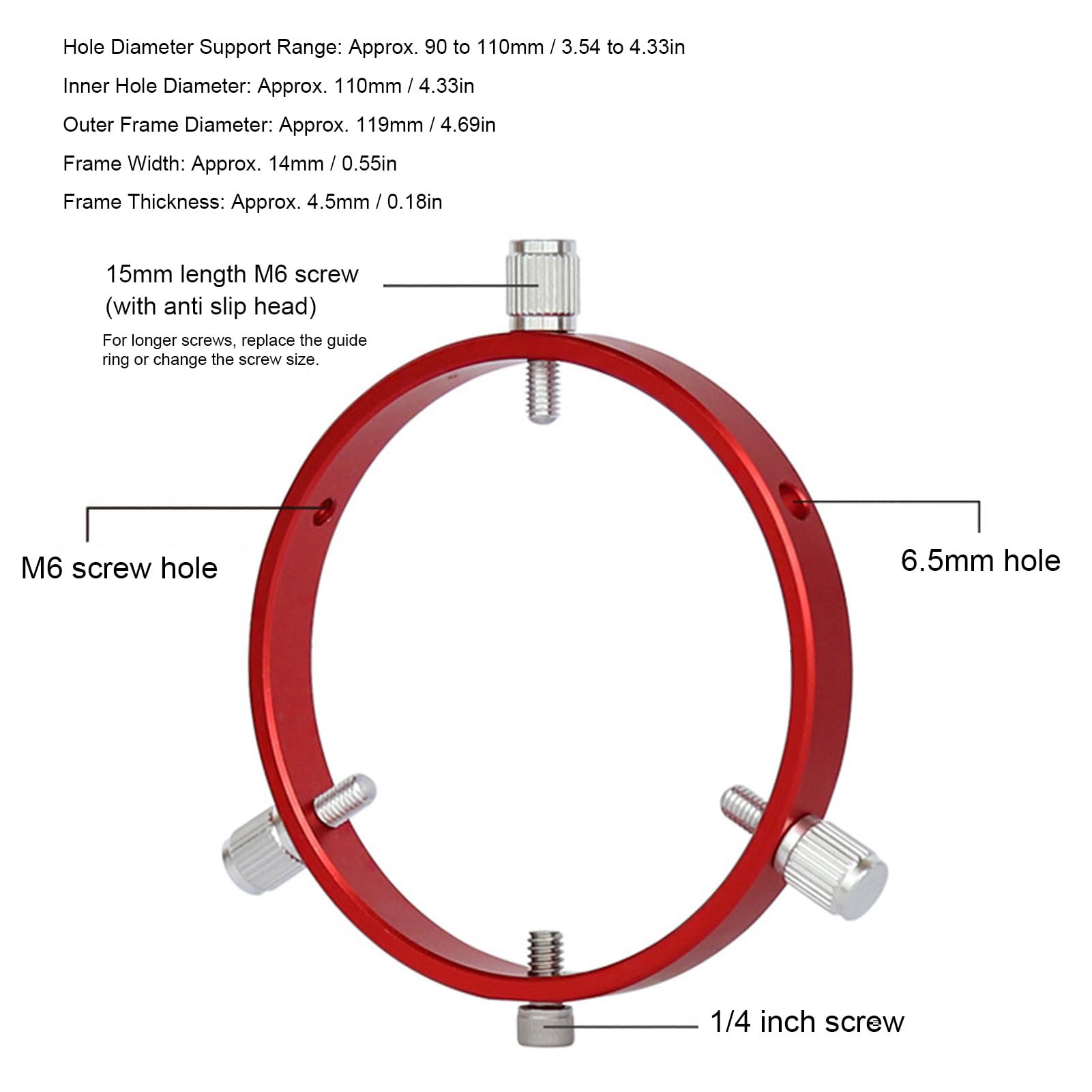 Kit de Anillo Guía para Alcance de 110 Mm, Aleación de Aluminio, 6 Orificios, Conexión Estable, Rojo, para Tubo de Telescopio con Diámetro de 90 a 110 Mm, Ensanchado en 14 Mm,