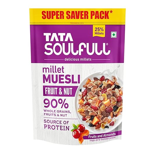Tata Soulfull Millet Muesli, Fruit & Nut, 700g, 25% Delicious Millets, 90% Whole Grains Breakfast Cereal, Real Fruits & Almonds, High in Fibre, Source Of Protein
