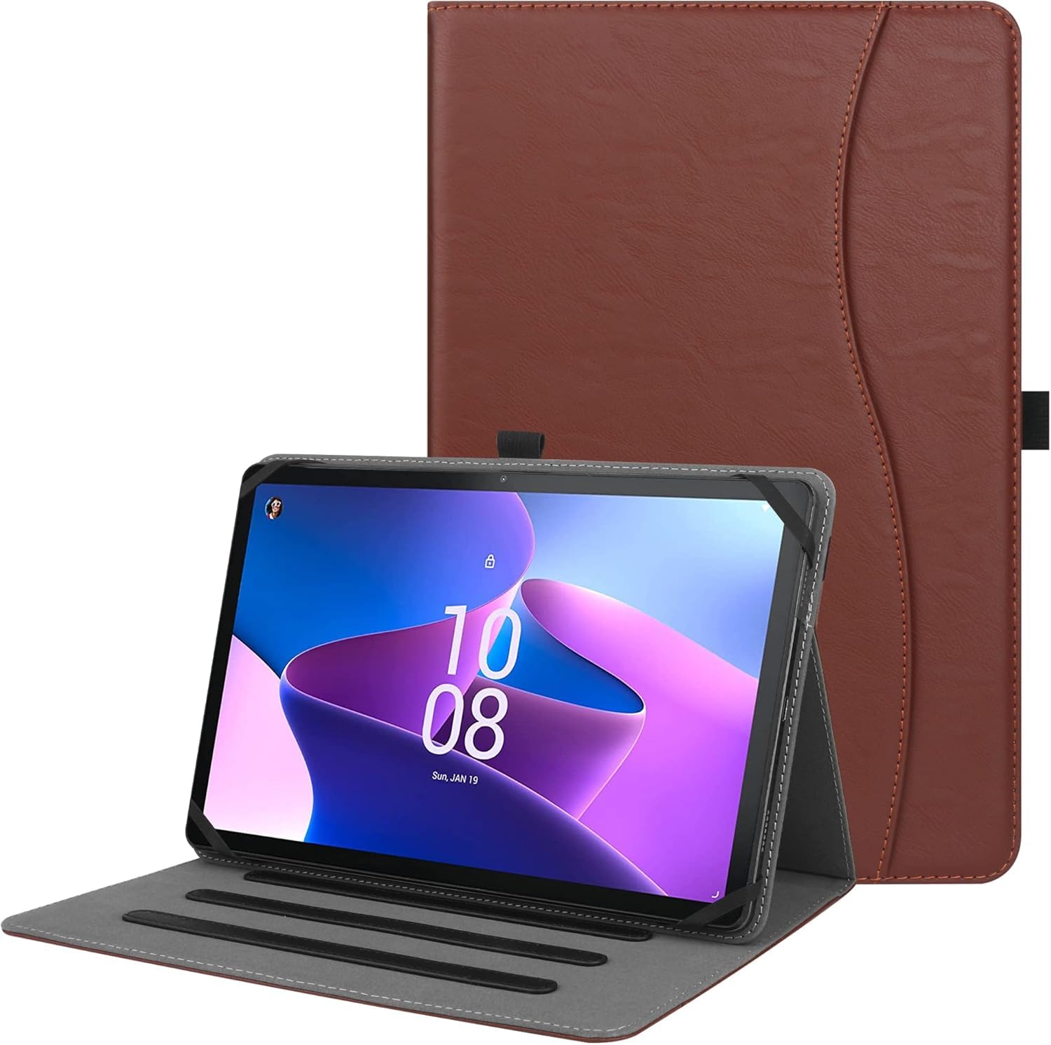 HGWALP Universal Hülle für 9",9.7",10.1",10.2",10.5",10.9",11" Zoll Tablet,Multi-Viewing Angles PU Leder Stand Folio Hülle mit Handschlaufe für 9-11 Zoll Tablet,mit verstellbarem Silikon Band-Brown