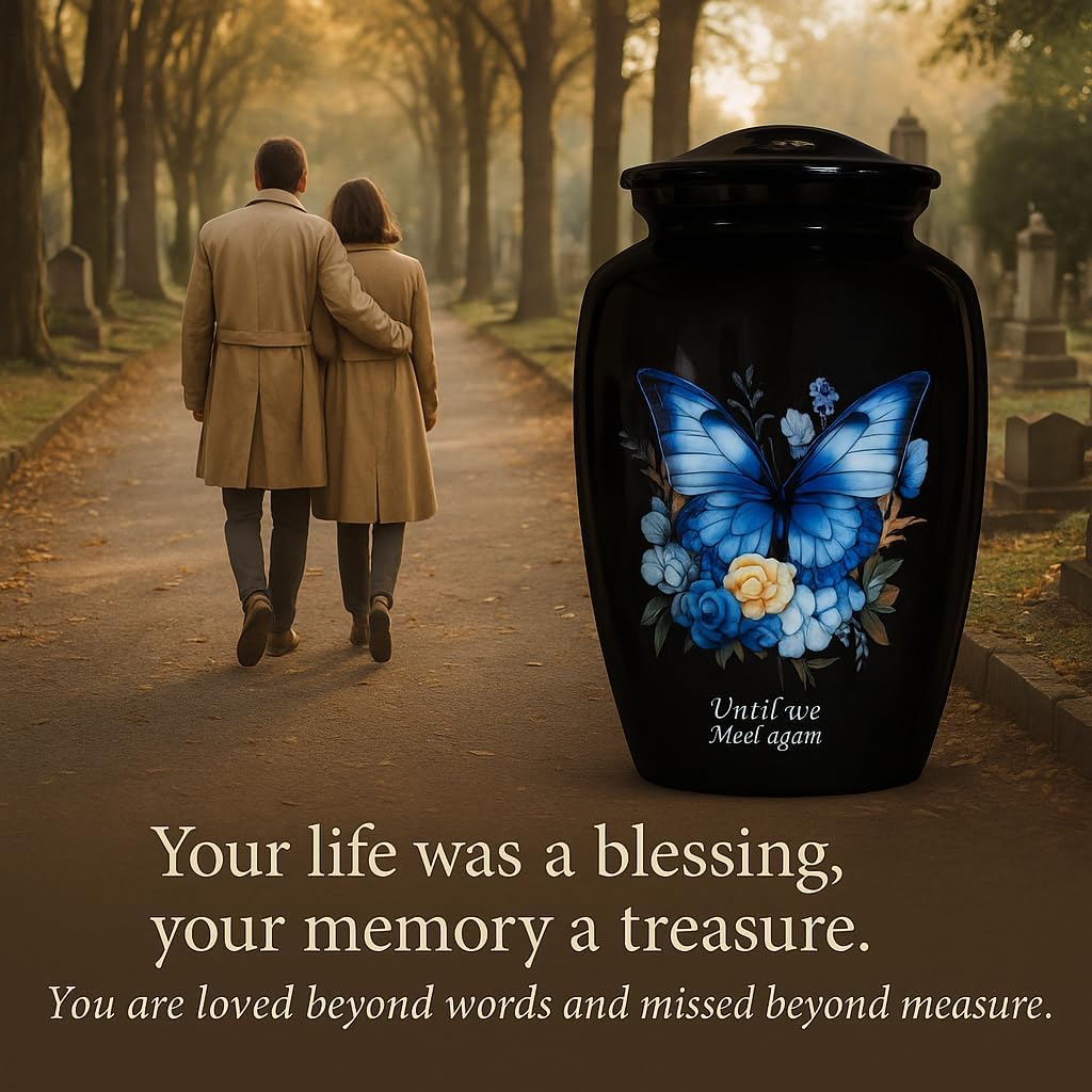Butterfly Urn for Human Ashes Adult – Large Blue Cremation Urn for Women & Men, Metal Funeral Urn with Secure Lid, Floral Memorial Urn, Holds 200 Cu in