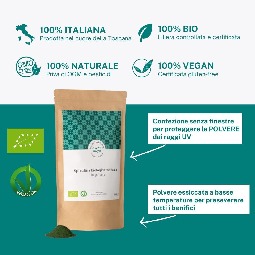 Severino Becagli Spirulina made in Tuscany Spirulina Becagli-Alga Spirulina Essiccata in Polvere-100% Biologica Made in Italy ricca di Ficocianina-Bio-Ok Vegan-Prodotto in Toscana (100 gr.)