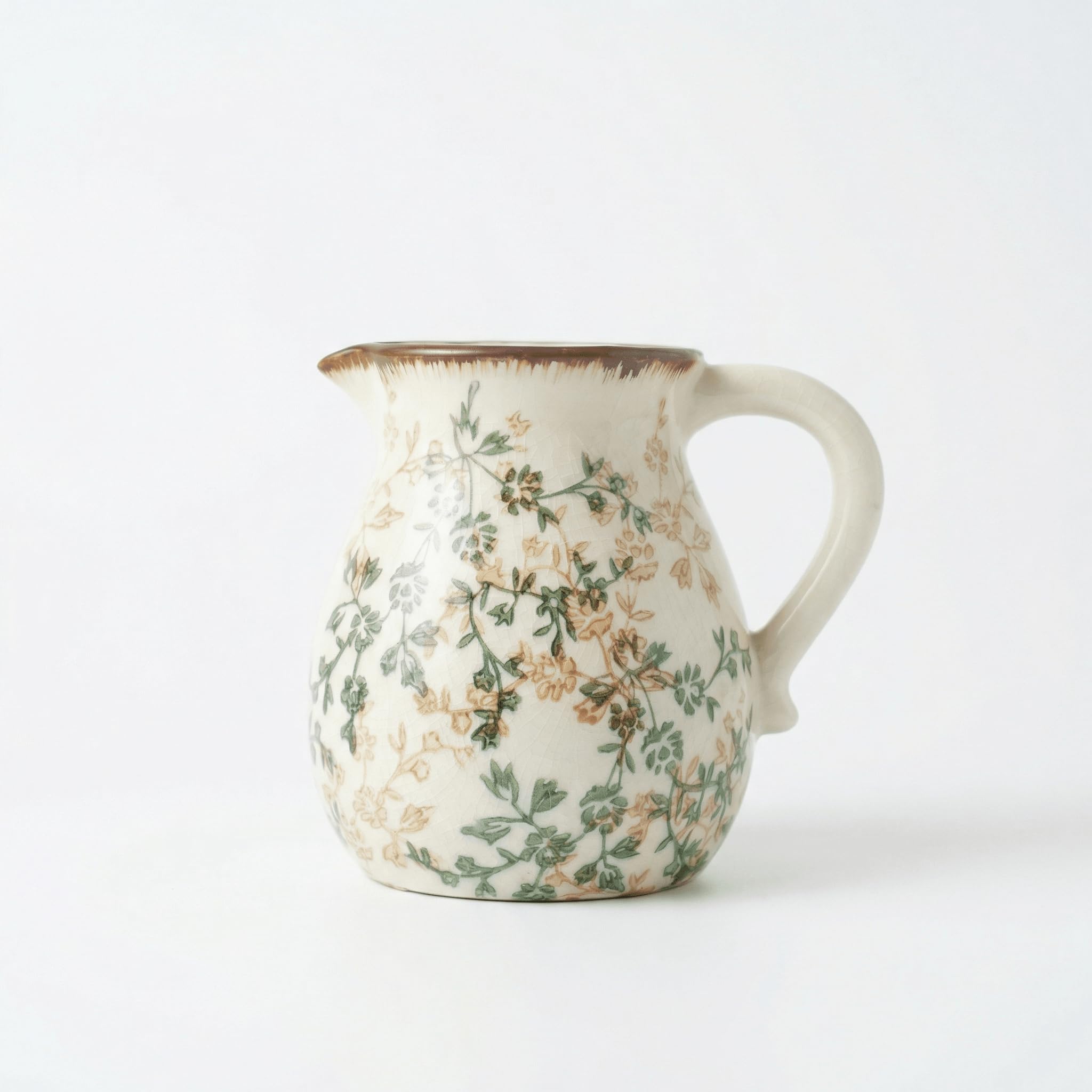 Sportw Ceramic Vase with Handle Off-White Plant Motif 6.1in Earthenware
