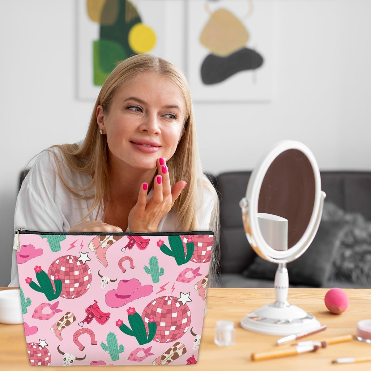 JioJio Chan Cowgirl Makeup Bag, Coquette Pink Disco PU Leather Makeup Cosmetic Bag for Purse, Western Gifts for Women, Western Cowgirl Stuff for Women, Country Girl Gifts Pouch - Image 5