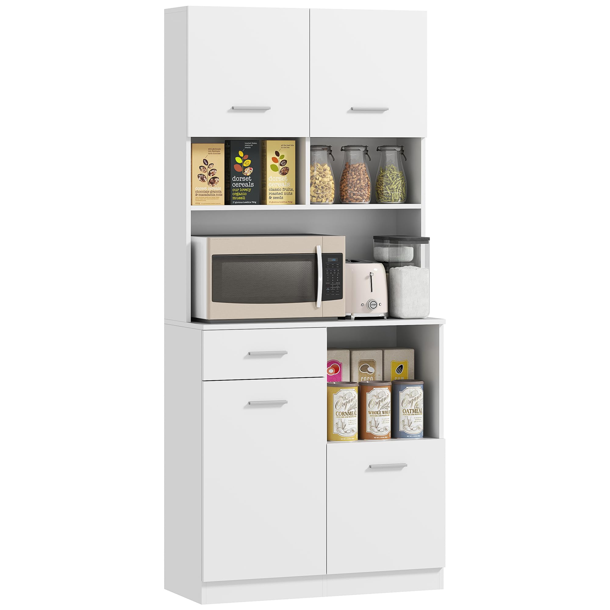 HOMCOM Credenza Cucina Alta con Cassetto 4 Armadietti 80x35x180 cm Bianco | 3 Scomparti Aperti, Mobile Dispensa, Ripiano Regolabile in Legno, per Soggiorno e Cucina