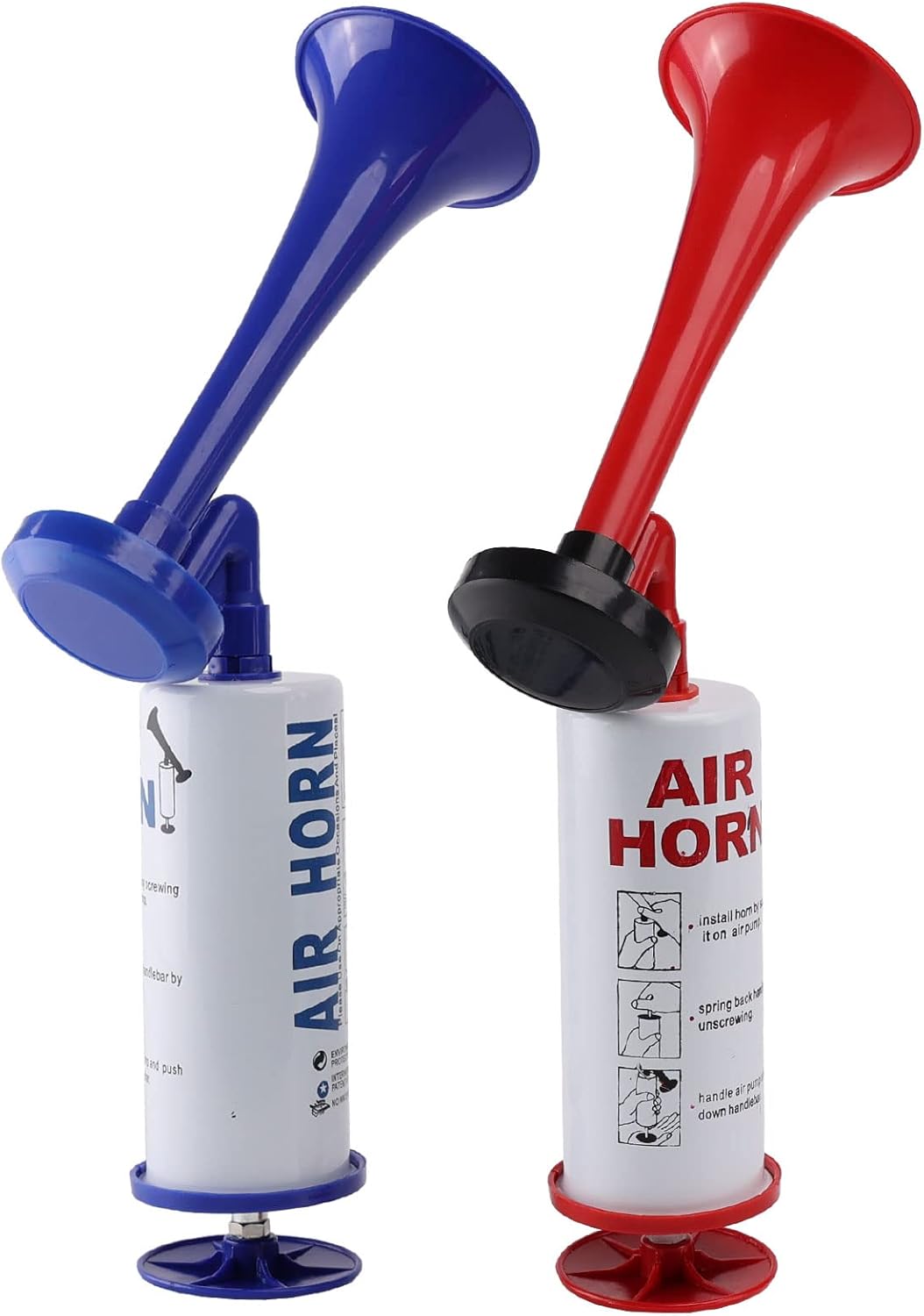 FARBIN 2PCS Red+Blue Portable Air Horn pump Aluminum+ABS Loud Sound Hand Held Signal Horn Reusable Air Horn Eco-Friendly Safety Horn for Boating, Sports Events, Camping, Graduation