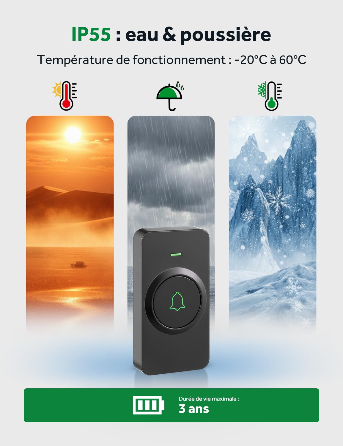 Sonnette sans Fil, AVANTEK Sonnette sans Fil extérieur étanche 400 m étanche, Kit de Carillon électronique, IP55 Eau et poussière, 52 mélodies aux 5 Niveaux de Volume, Batteries incluses, BA-12