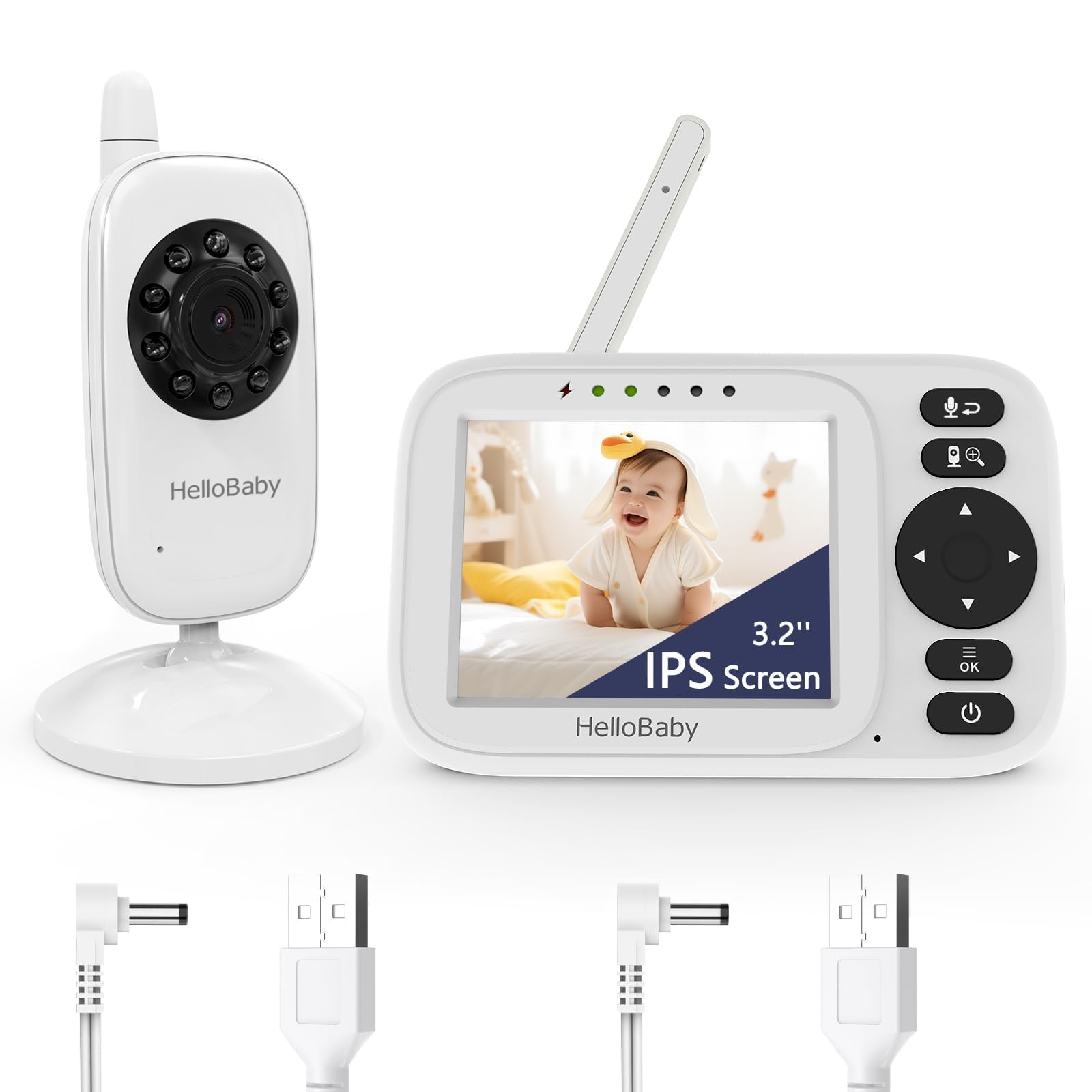 HelloBaby Babyphone mit Kamera ohne WLAN, 3,2 Zoll Bildschirm USB Ladekabel | Gegensprechen, Temperaturanzeige, Nachtsicht, 305m Reichweite, verstellbarer Kamerawinkel, ECO Modus, Fütterungsalarm HB2438