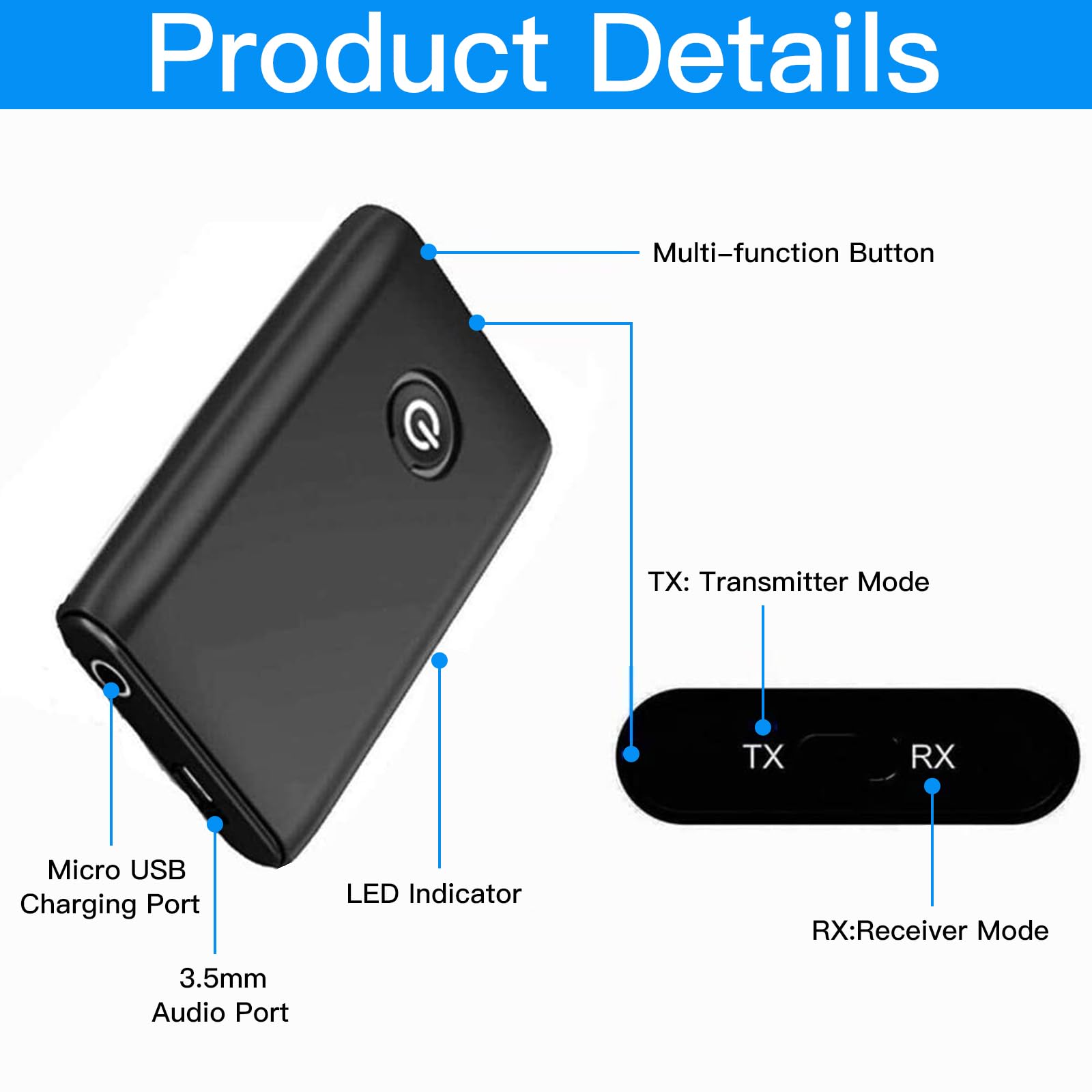 Adattatore Bluetooth 5.0 Trasmettitore,3.5mm Jack Adattatore,2-in-1 Wireless Ricevitore Bluetooth,per PC/TV/impianto audio Cuffie MP3/MP4 Altoparlante HiFi Radio