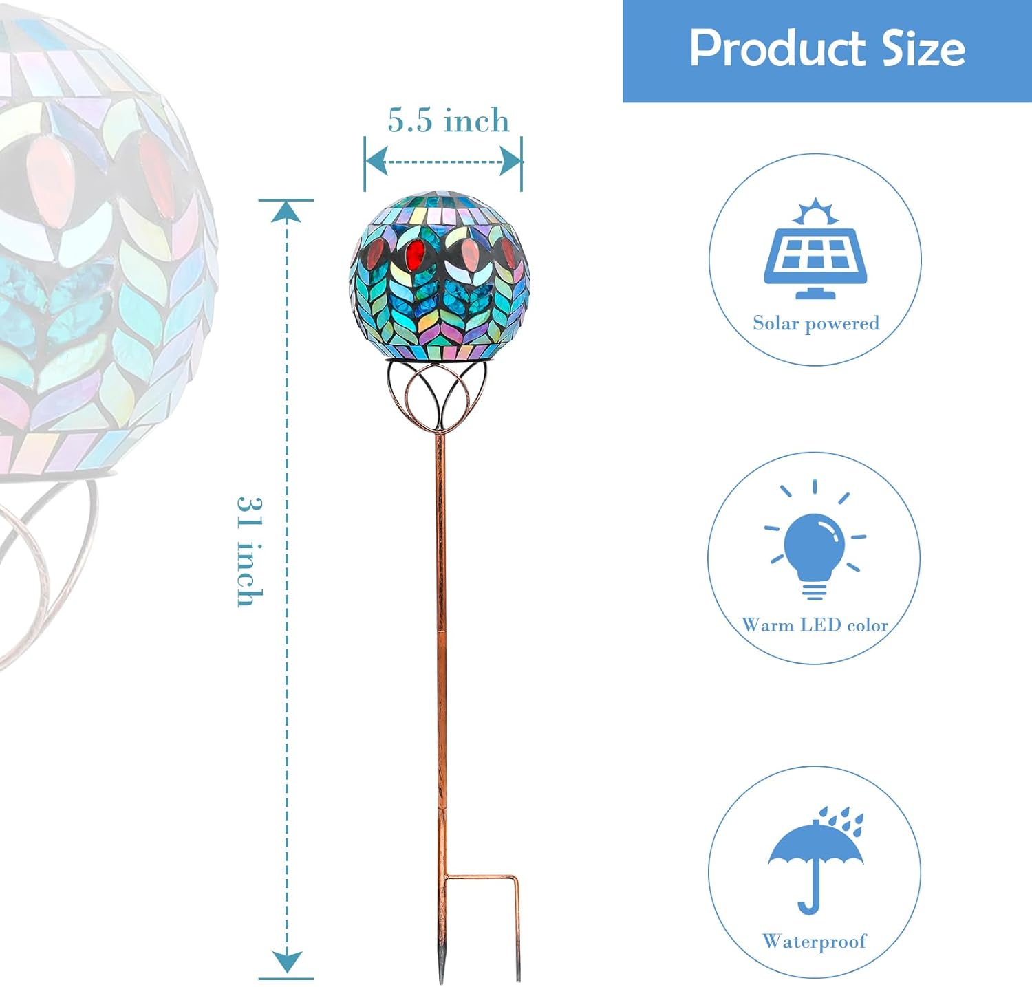 Afirst Solar Outdoor Garden Lights Decorative - Mosaic Solar Stakes Gazing Ball Waterproof Outdoor Lights Stakes for Pathway Yard Lawn Decoration(Green) - Image 2