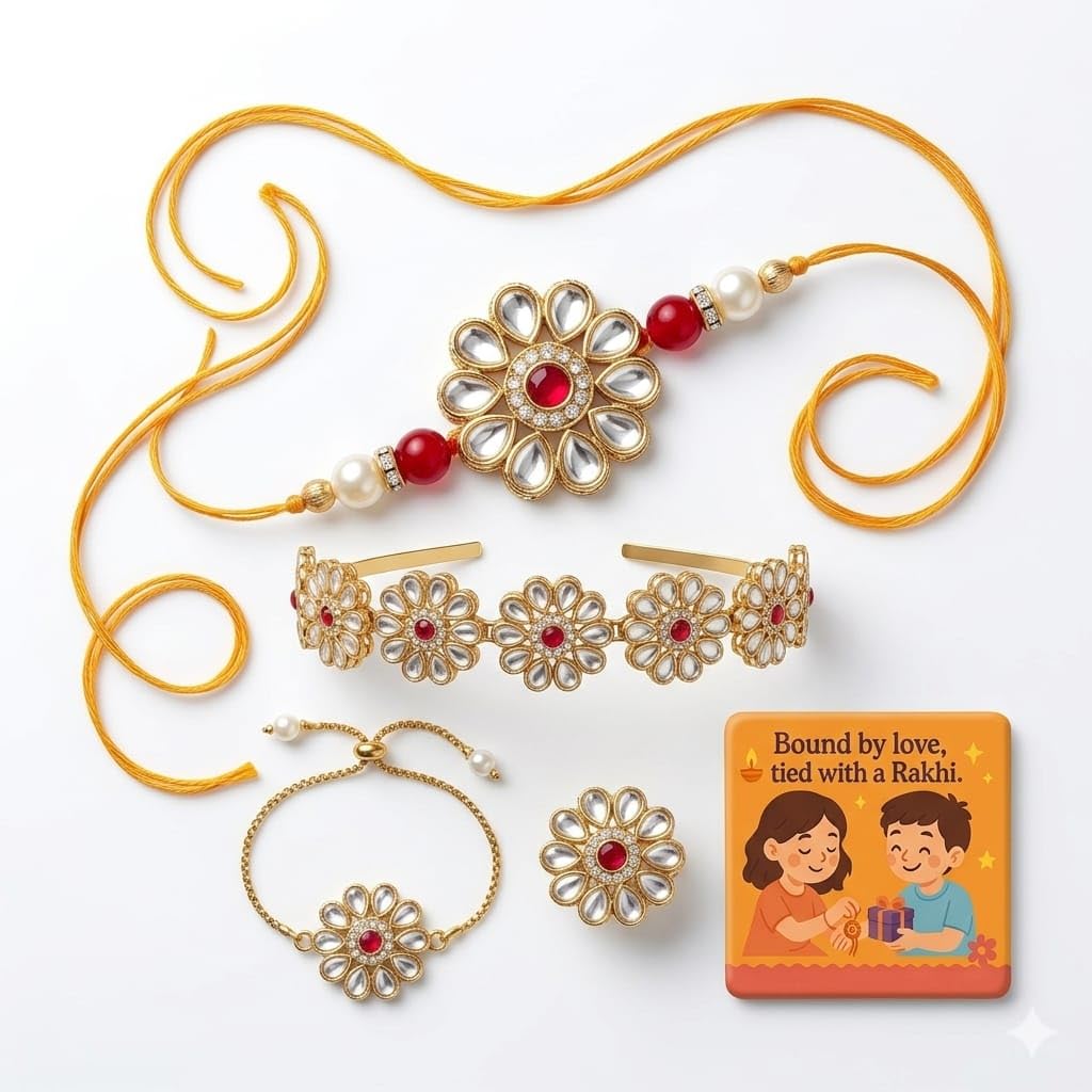 SAUDEEP INDIA Decorative Fridge Magnet for Refrigerator Decor | Couple Lumba Rakhi Set for Bhaiya Bhabhi with Hair Band & Ring | Raksha Bandhan Gift Combo Festive Home Decor