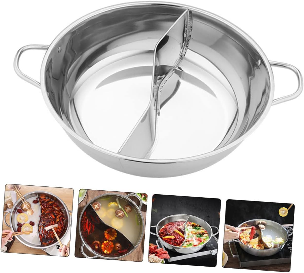 Stainless Steel Divided Hot Pot Pan with Divider and Double Handles