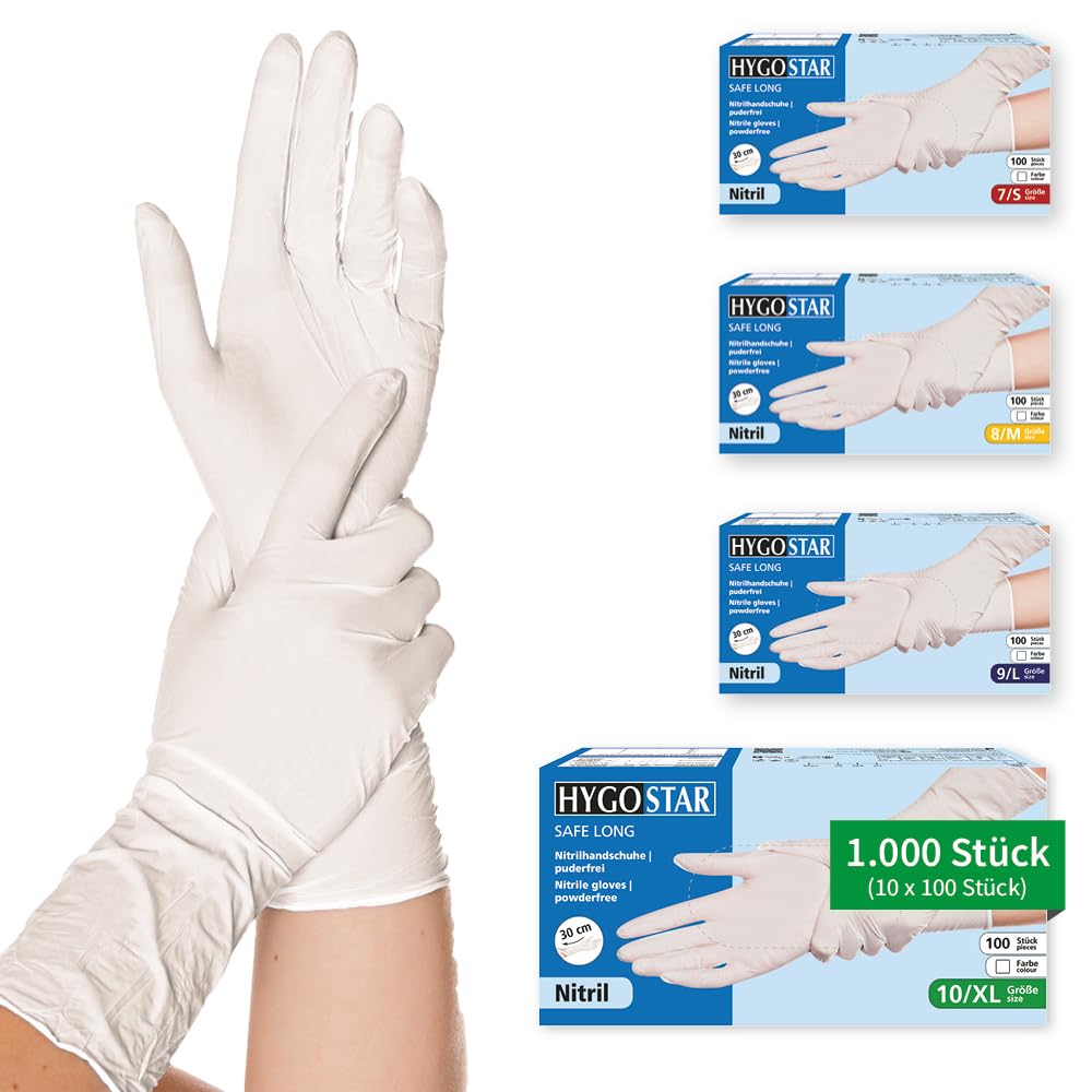 FRANZ MENSCH 1000 Stück Hygonorm Nitrilhandschuhe Safe Long Light | puderfrei, weiß, 10/XL, L: 30cm, Karton, Einmalhandschuhe, Nitrilhandschuhe, Gummihandschuhe, Einweghandschuhe