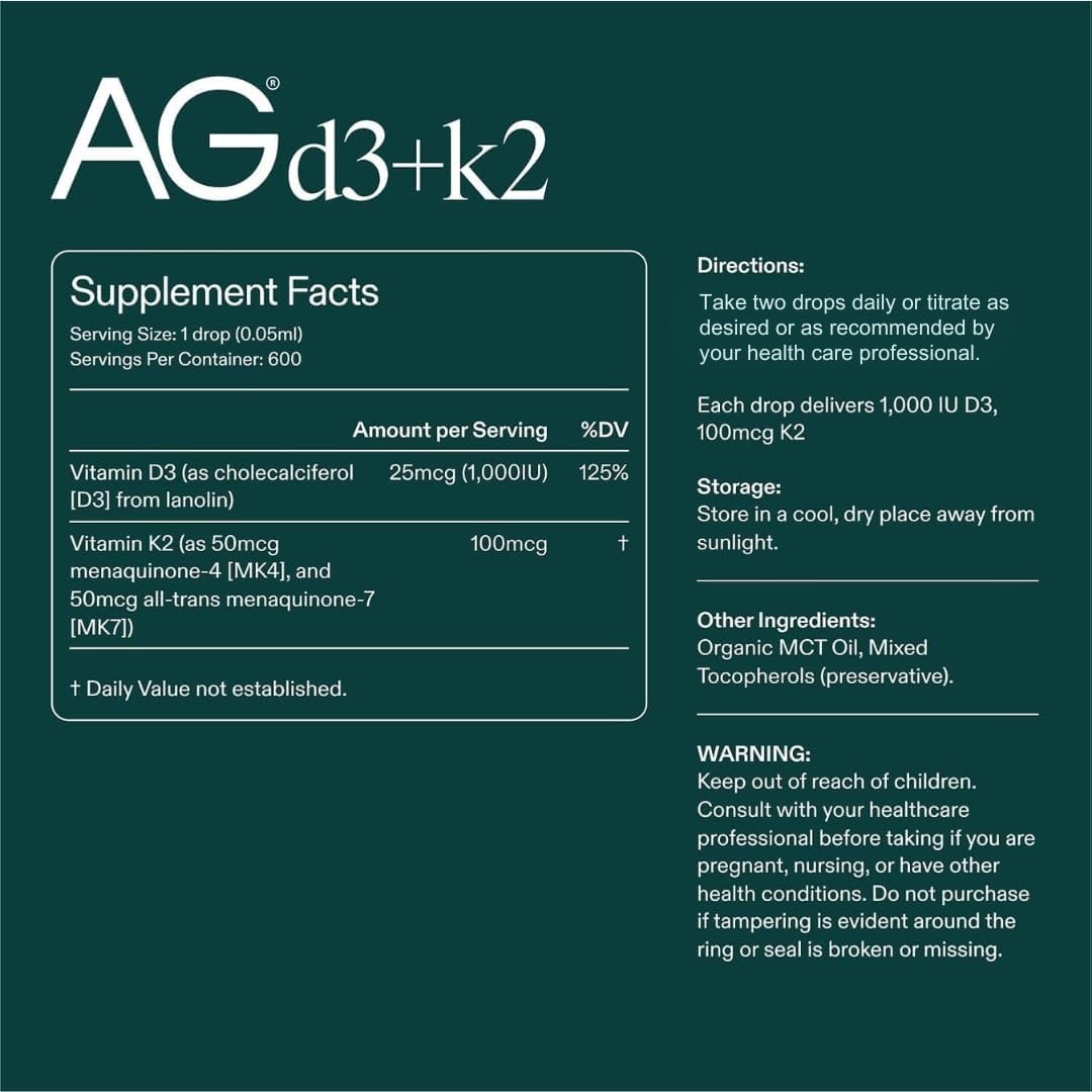 AG1 Vitamin D3 K2 Drops, 1000IU of Vitamin D3 and 100mcg of K2 per Serving, Supports Bone Density and Calcium Absorption (Athletic Greens)