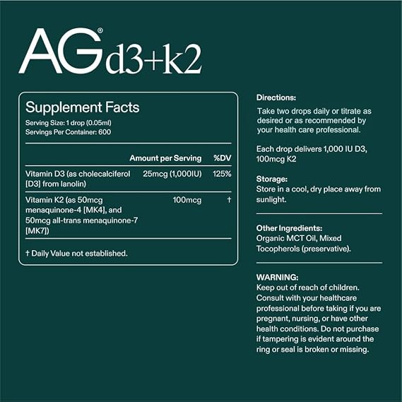 AG1 Vitamin D3 K2 Drops, 1000IU of Vitamin D3 and 100mcg of K2 per Serving, Supports Bone Density and Calcium Absorption (Athletic Greens)