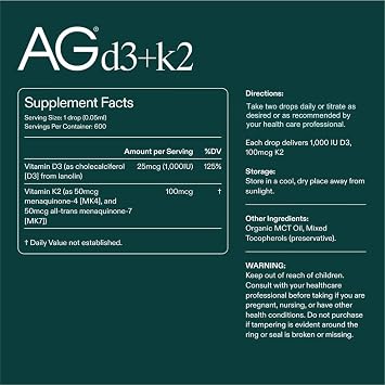 AG1 Vitamin D3 K2 Drops, 1000IU of Vitamin D3 and 100mcg of K2 per Serving, Supports Bone Density and Calcium Absorption (Athletic Greens)