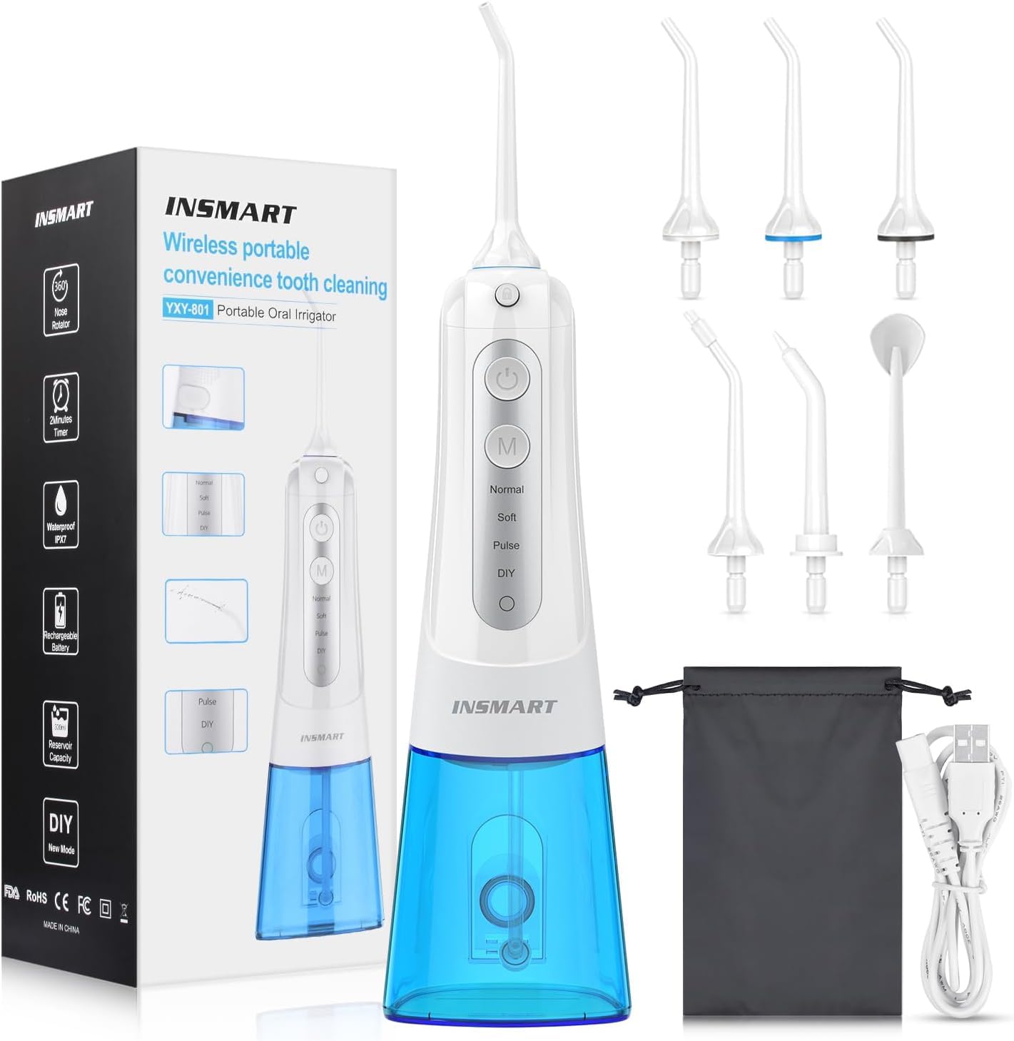 Water Flosser for Teeth Cordless, INSMART Electric Water Dental Pick Portable Oral Irrigator, 300 ML Water Jet Tooth Cleaner Gentle on Gums, Removes Plaque & Food Particles