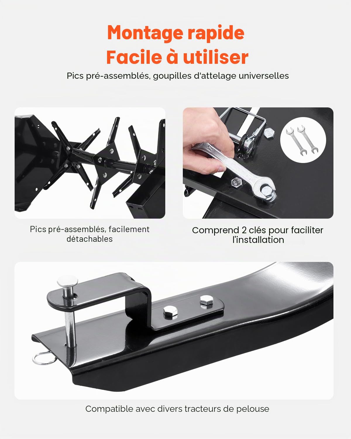 VEVOR Aérateur de Gazon Remorqué, 1016 mm, Aérateur de Pelouse Remorquable avec Attelage Universel, Pointes de Fer Disposées en Alternance, Favorise la Respiration des Racines, pour Jardins, Fermes