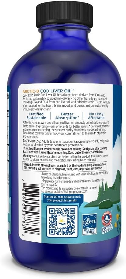Nordic Naturals Arctic-D Cod Liver Oil, Lemon - 8 oz - 1060 mg Total Omega-3s + 1000 IU Vitamin D3 - EPA & DHA - Heart, Brain, Bone, Immune & Mood Support - Non-GMO - 48 Servings