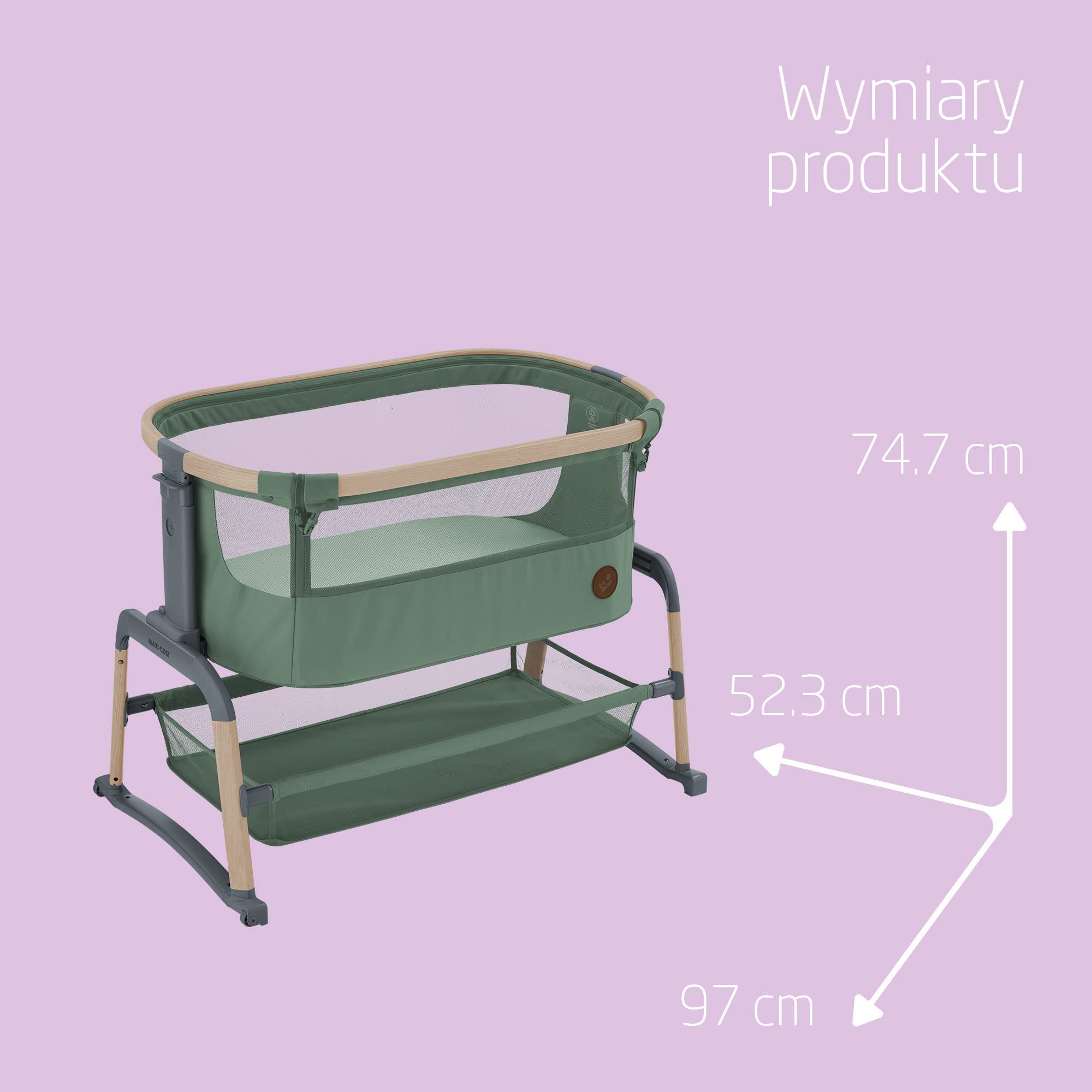 Maxi-Cosi Iora Air Łóżeczko Przystawka, Siatka do okoła, 0–6 mies., maks. 9 kg, Tryb bujania, 4 Poz. Odchylenia i 5 Wysokości, Łatwe Przesuwanie, Wygodny Materac, Łatwe Przenoszenie, Beyond Green