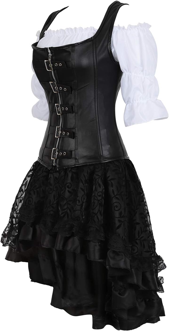 Grebrafan Steampunk Leather Corset Bustier Skirt Blouse Set 3 piece Buckle Corset Outfits Women