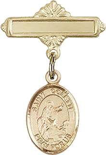 14kt Yellow Gold Baby Badge with St. Colette Charm and Polished Badge Pin 1 X 5/8 inches