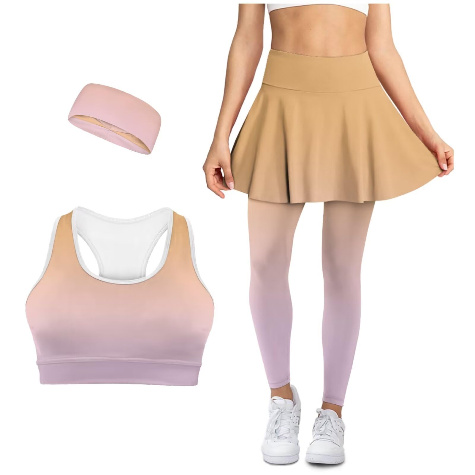 Workout Sets for Women Gym Sets High-Waisted Skirted Leggings with Pockets Sports Bra for Yoga Pilates