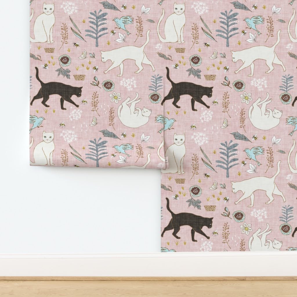 Peel & Stick Wallpaper 12ft x 2ft - Cat Bee Garden Flower Daffodil Flowers Dark Spring Summer Bird Blush Custom Removable Wallpaper by Spoonflower