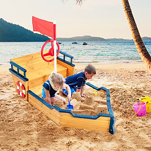 HONEY JOY Pirate Ship Kids Sandbox, Wooden Sand Box w/Storage Bench, Seat, Ground Liner, Sandpit Boat w/Rudder, Buoy, Realistic Flag, Children Outdoor Furniture for Backyard, Lawn, Garden