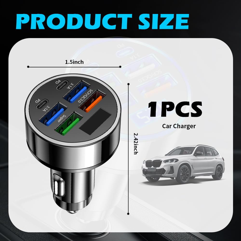 Adaptador de encendedor de cigarrillos de coche de 6 puertos con pantalla LED de voltaje, puerto de carga rápida para coche, incluye PD/QC3.0/SCP/3.1A/Super, adaptador USB de 24 V y 12 V para