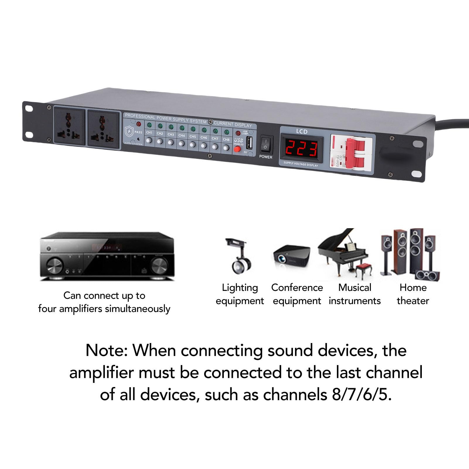 Asixxsix Power Sequencer Conditioner 10 Outlet, Rack Mount Audio Digital Power Supply Controller Regler mit Echtzeitspannung und Verzögerungsschalter für die Heimkino -Bühne (EU-Stecker)