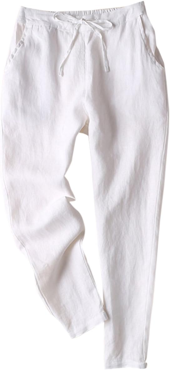 Women's Tapered Pants 100% Linen Drawstring Back Elastic Waist Ankle Length Pants