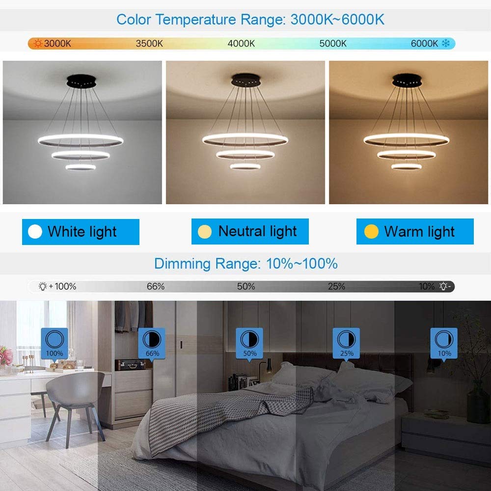 Lampadario LED Moderno 3 Anelli 90W Dimmerabile Con Telecomando - Bianco, Diametro 40/60/80 Cm - 5