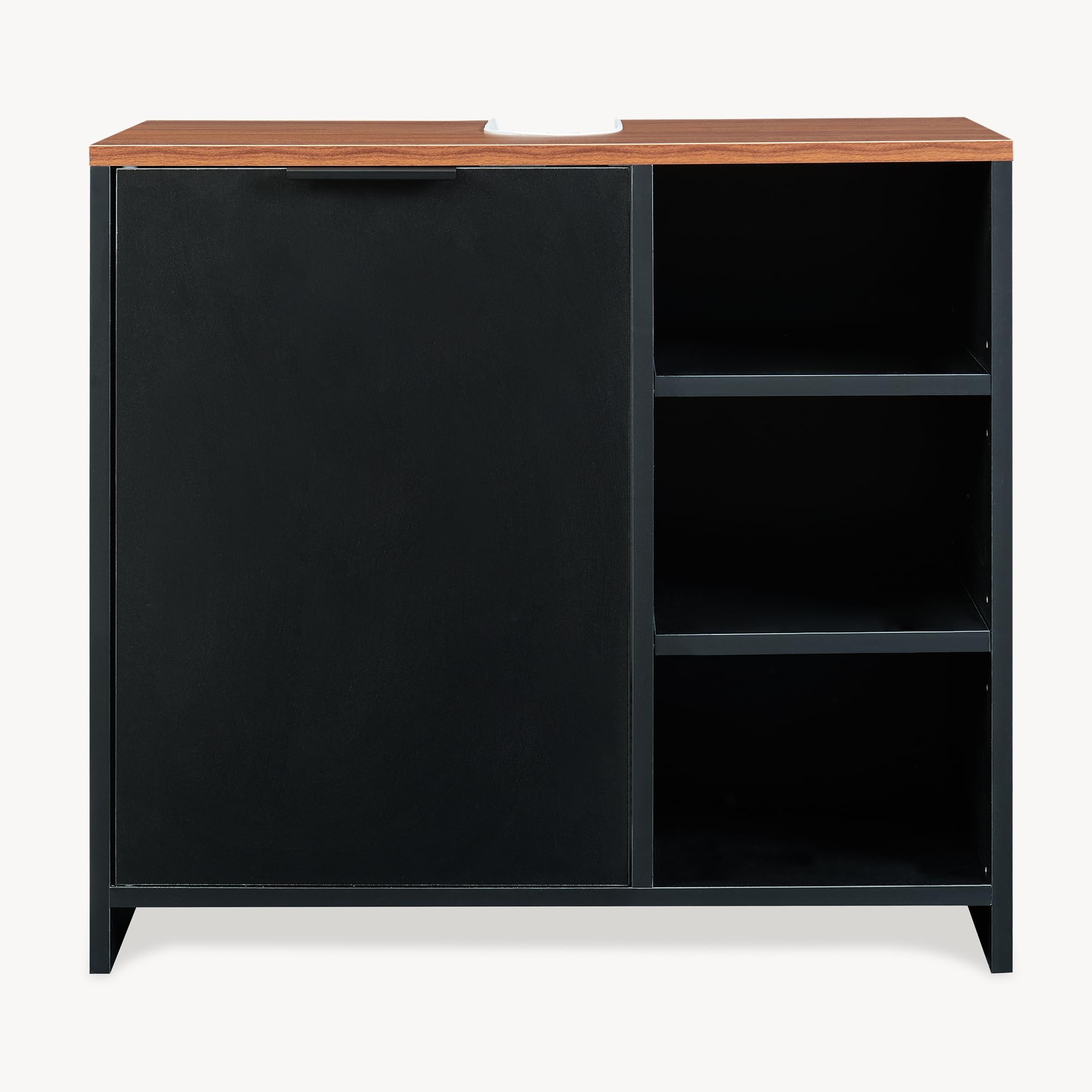 [en.casa] Mobile Sottolavabo da Terra con Anta Armadio da Bagno Sotto Lavandino con Scomparto Chiuso Ritaglio Sifone e 3 Ripiani Vani Aperti Lavanderia 60 x 66 x 30 cm - Nero/Effetto Noce