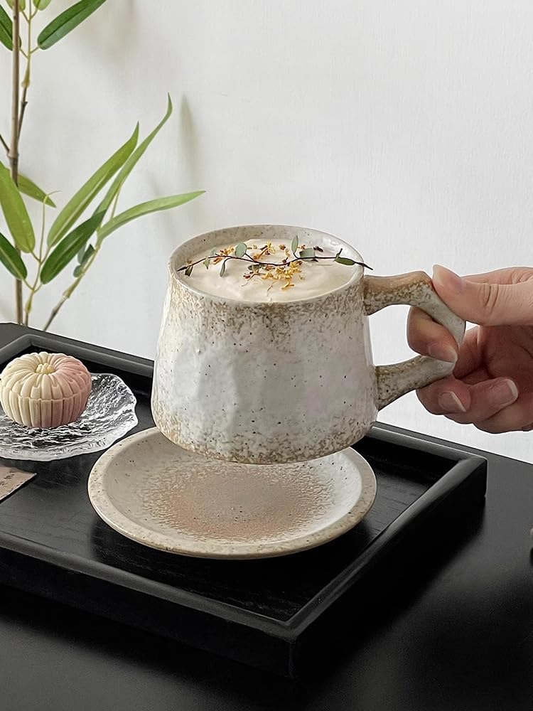 Cup Saucer Set Retro Coffee Cup Ceramic Mug-White