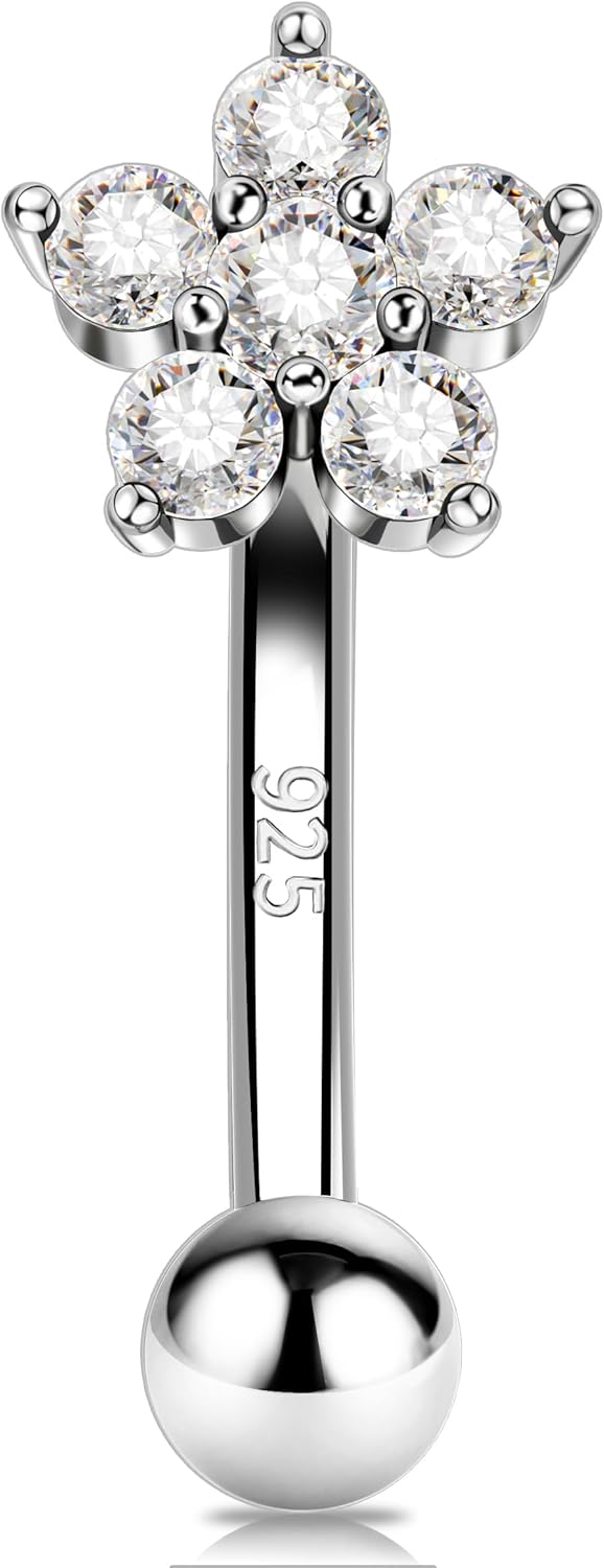 Melighting 16G 6 mm 8 mm Rook Earring 925 Sterling Silver Flower Cartilage Earring Clear CZ Silver Eyebrow Ring Stud Earring Rook Piercing Jewelry for Women