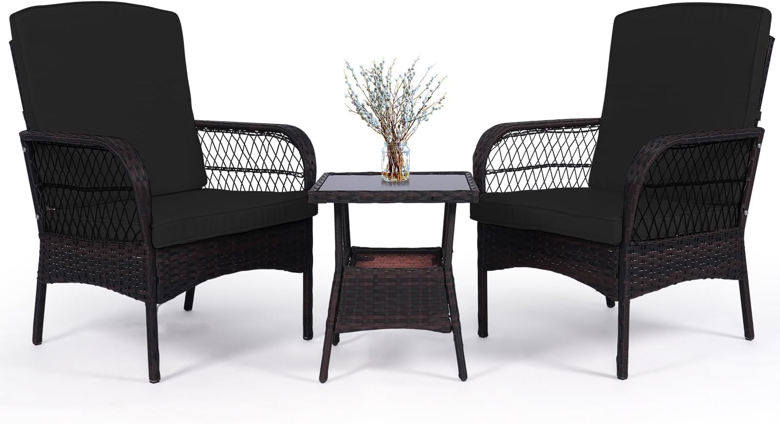 LEVELEVE 3 Pieces Patio Set Outdoor PE Wicker Rattan Furniture Sets Modern Chair Conversation Sets with Coffee Table,for Yard Bistro