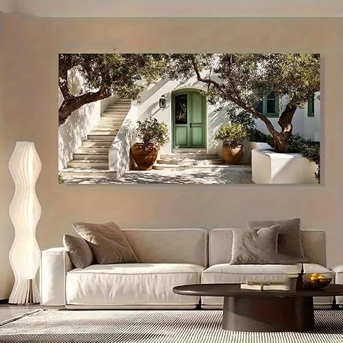 Dittelle Framed Canvas Wall Art Prints, Mediterranean Poster, Greek Island House Beige, White, Green, Brown, Modern Minimalist(30x60cm/Frameless)