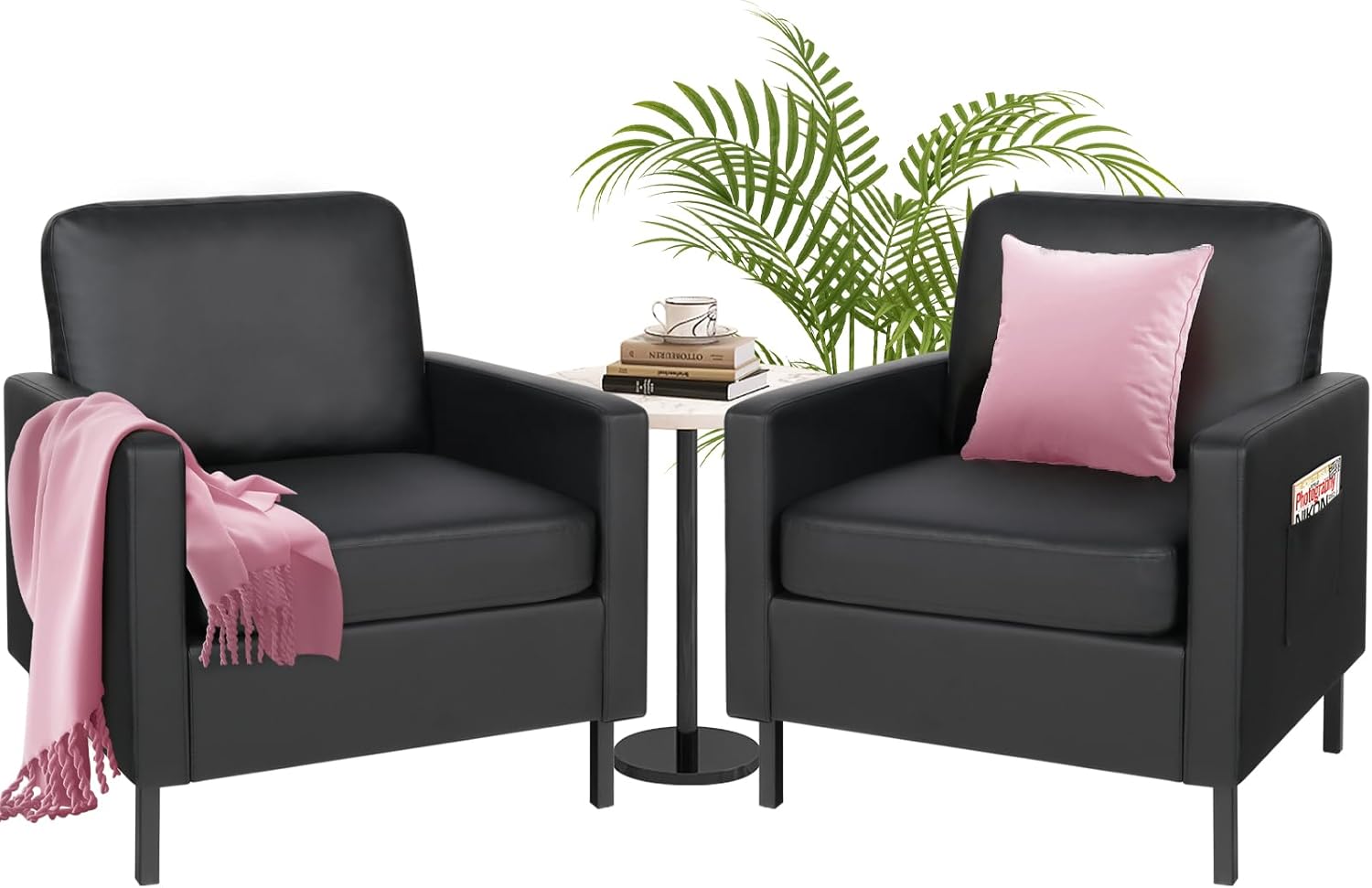 Amazon.com: STHOUYN Black Faux Leather Accent Chair Set of 2 with Arms ...