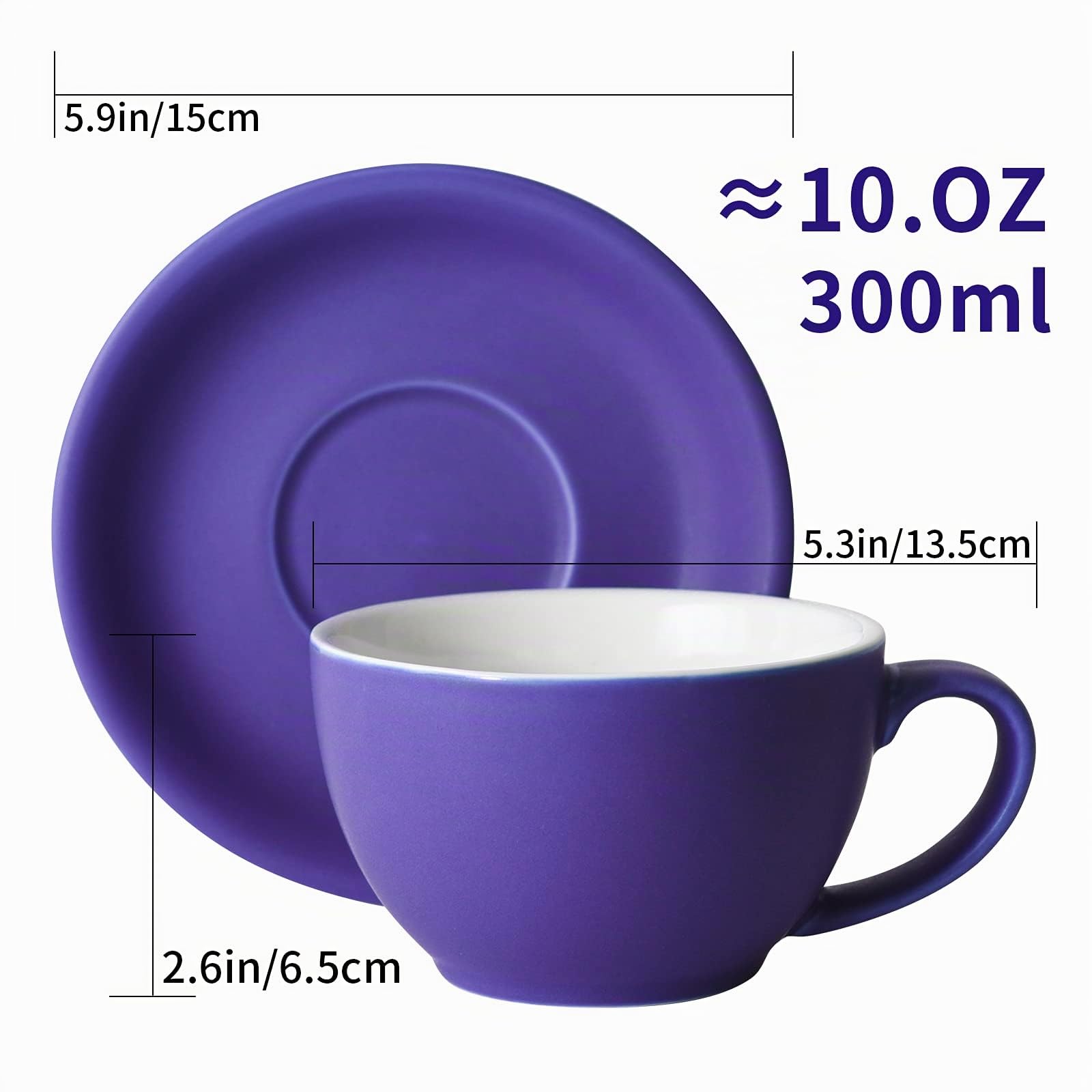Yundu Ceramics - Taza y platillo para café latte – 10 onzas para capuchino, té, café moca, juego de 4, colores mixtos mate