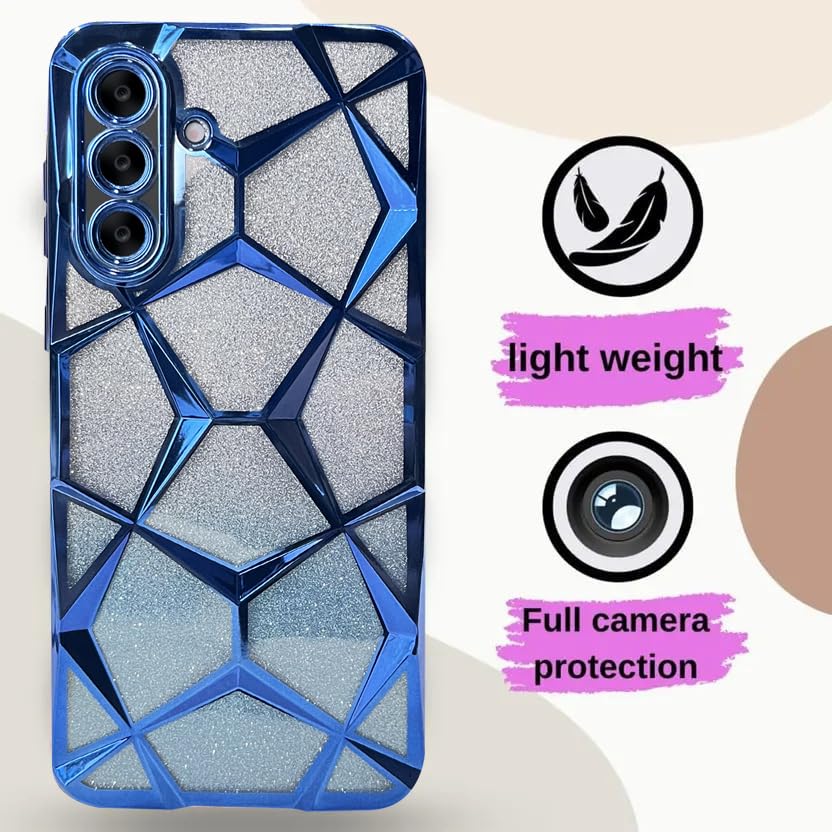 Image of VONZEE Gradient Glitter Case for Samsung A36, Luxury Electroplated 3D Cube, Diamond Bling Shiny Soft TPU Clear Shockproof Women Girls Protective Phone Cover (Blue)