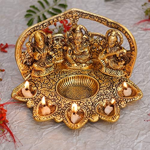 Frienemy Presents Laxmi Ganesh Saraswati Idol Diya Oil Lamp Deepak - Metal Lakshmi Ganesha Showpiece Statue - Traditional Diya for Diwali Puja - Diwali Home Decoration #Frienemy-526